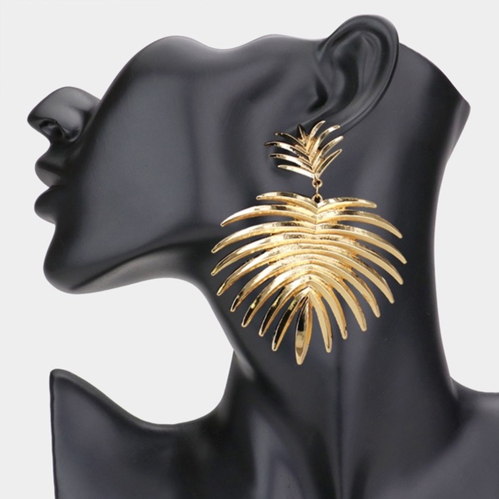 Gold tropical leaf dangle earrings